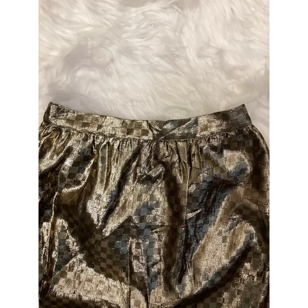 Trending Vintage Gold Metallic Check Lame 2pc Dress Midi Pencil Skirt Top S 24w